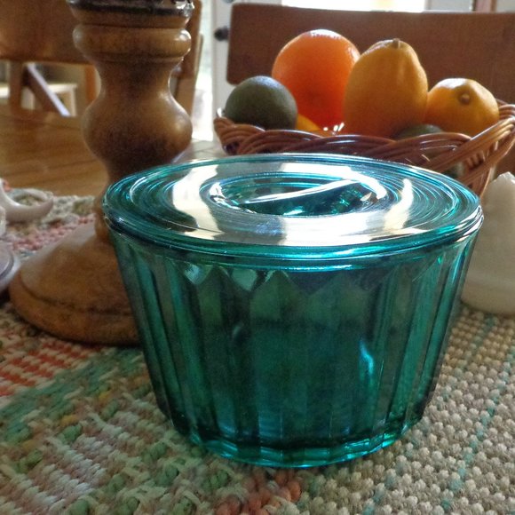 Kitchen Vintage Glass Refrigerator Container Blue Green With Lid
